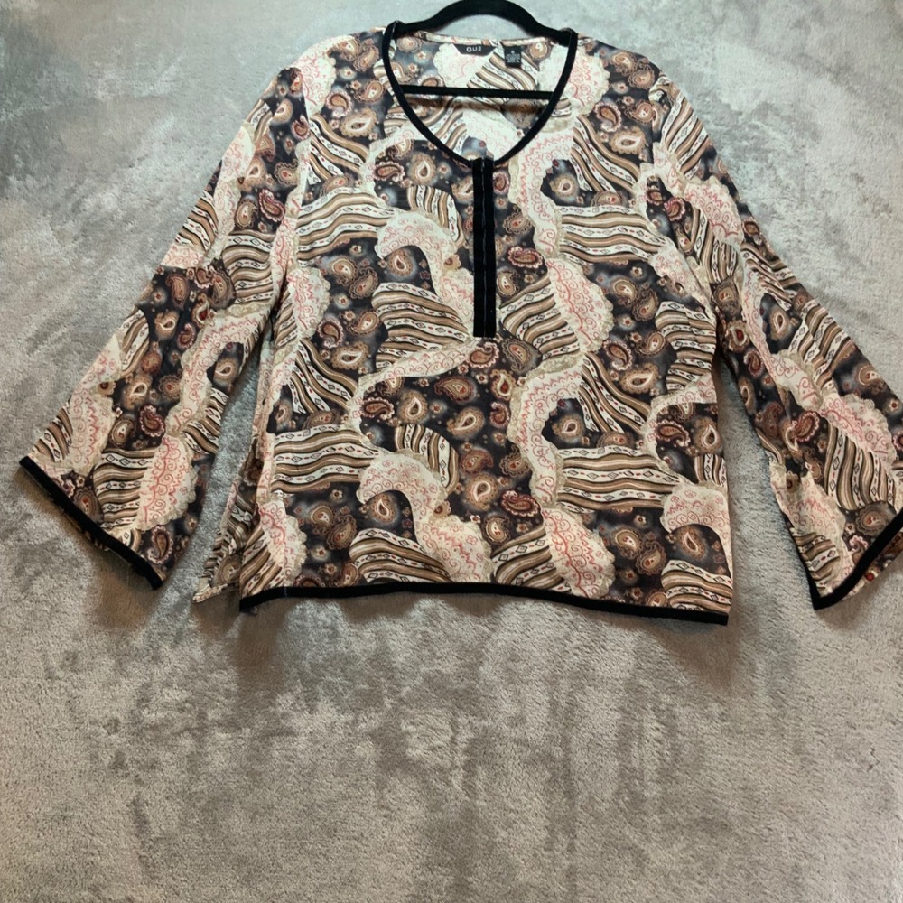 Q.U.E. Womens XL Paisley Print Rayon Blouse Velvet Trim Bell Sleeve V-Neck Top